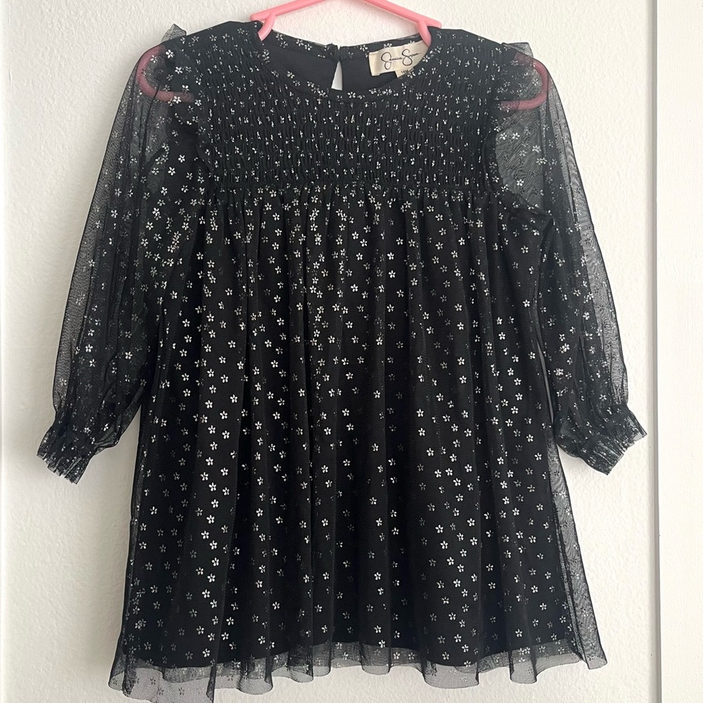 Jessica Simpson NWOT Baby 18 Mon Black Dress with Silver Flowers Sheer Sleeves